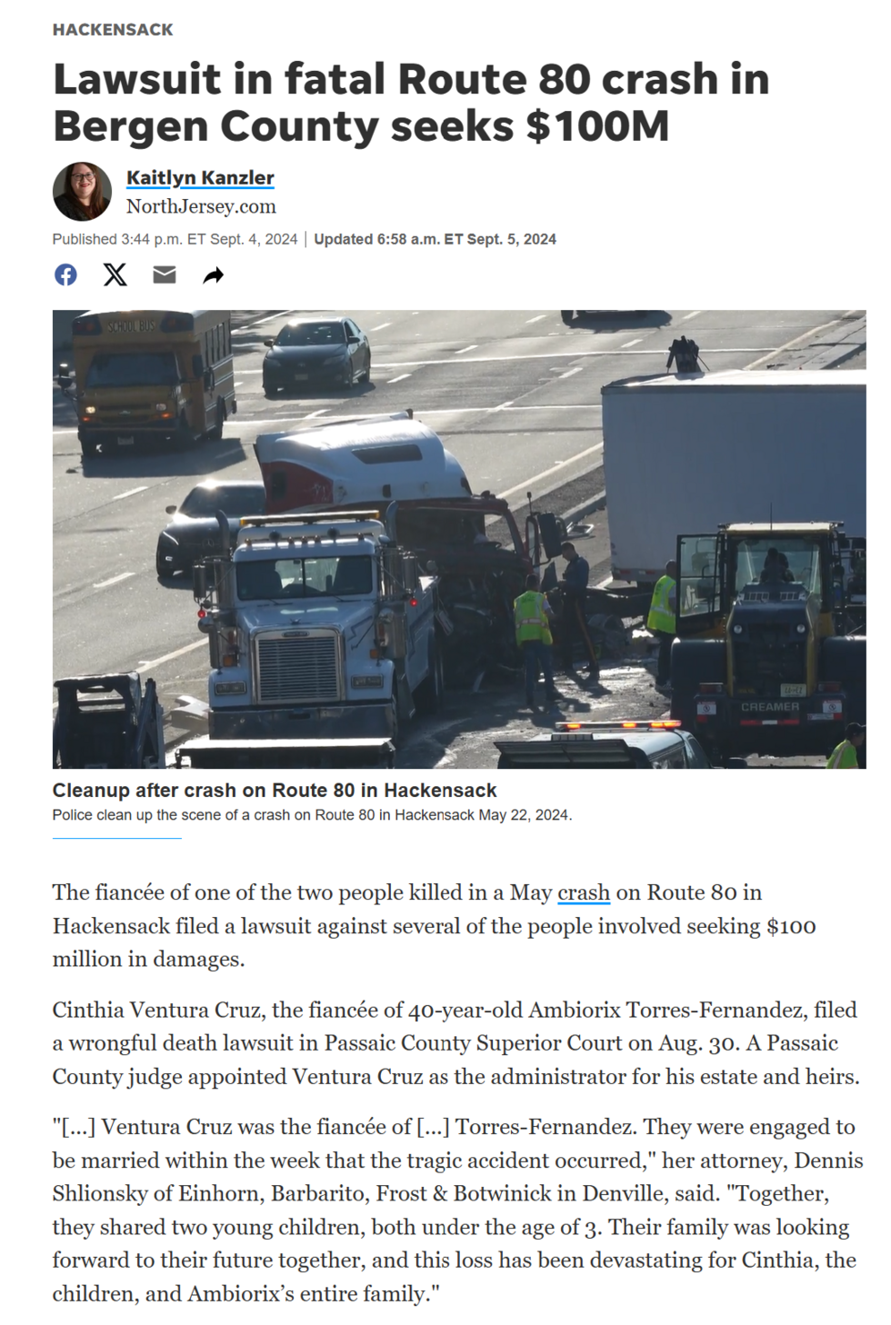 NorthJersey.com coverage: Lawsuit in fatal Route 80 crash in Bergen County seeks $100M