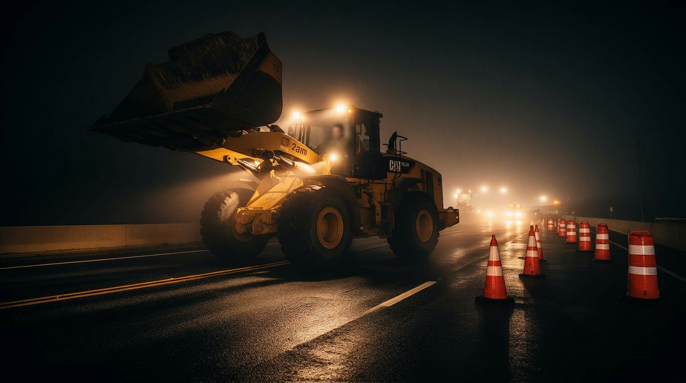 A 36,000 pound Caterpillar front-end loader in a nighttime construction zone, headlights cutting through fog