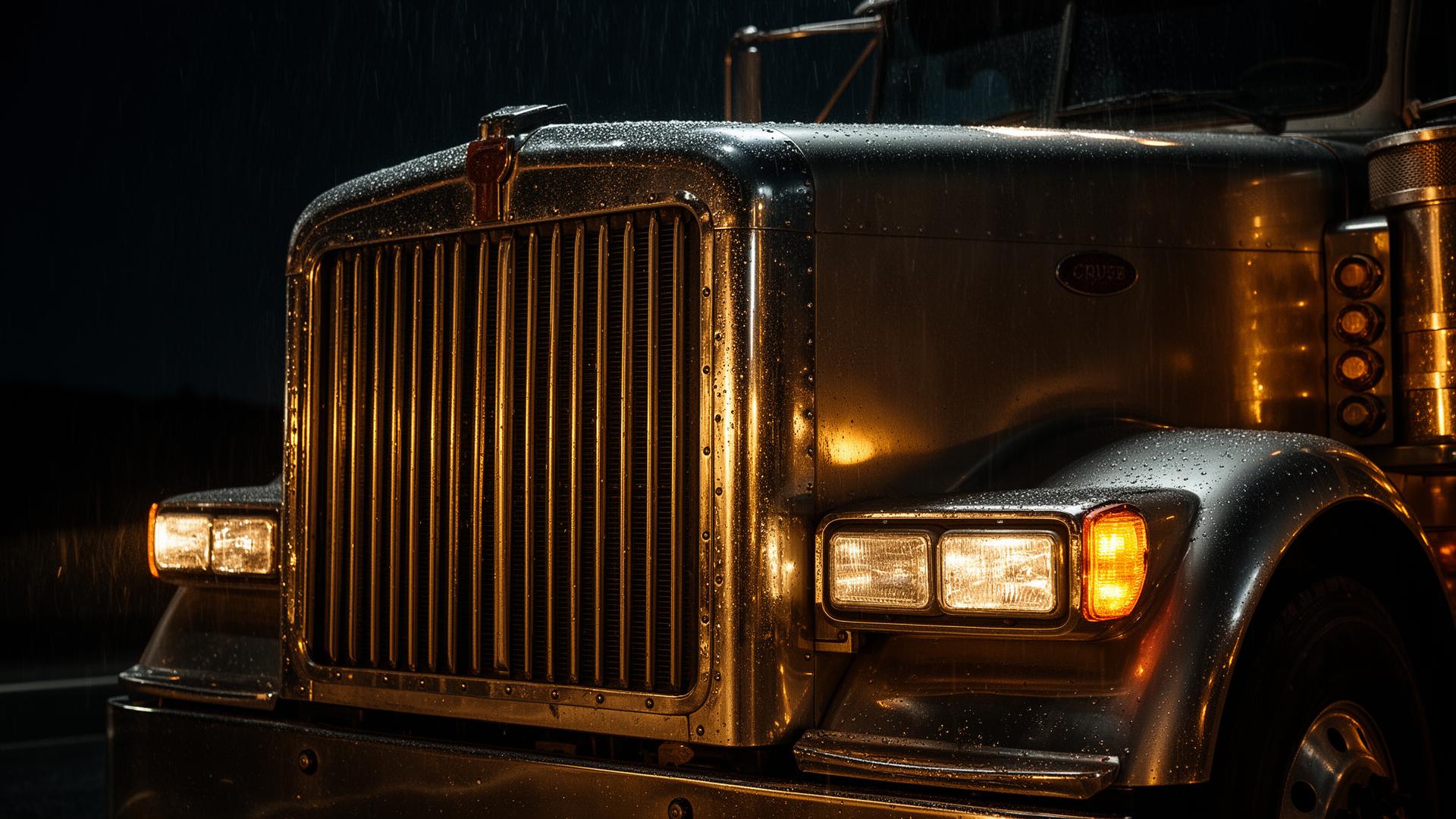 Close-up of a chrome 18-wheeler grille in the rain