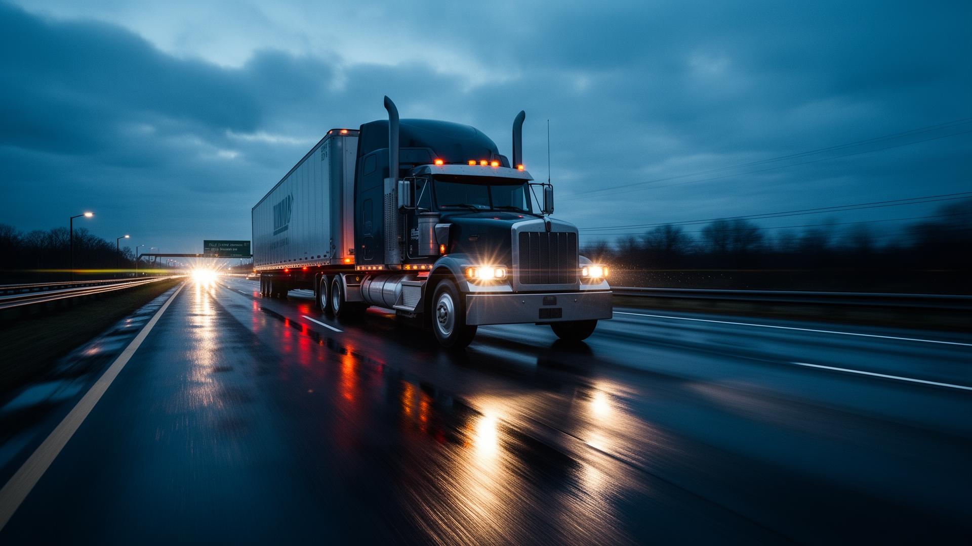 Tractor-trailer on a New Jersey highway at blue hour